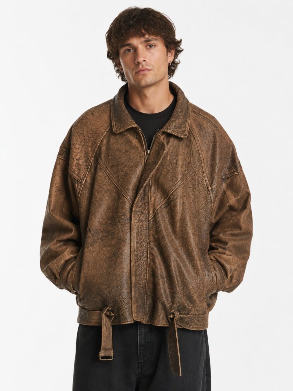 Vintage 80s Unique Brown Elephant Grain Leather Bomber Jacket Large L/G